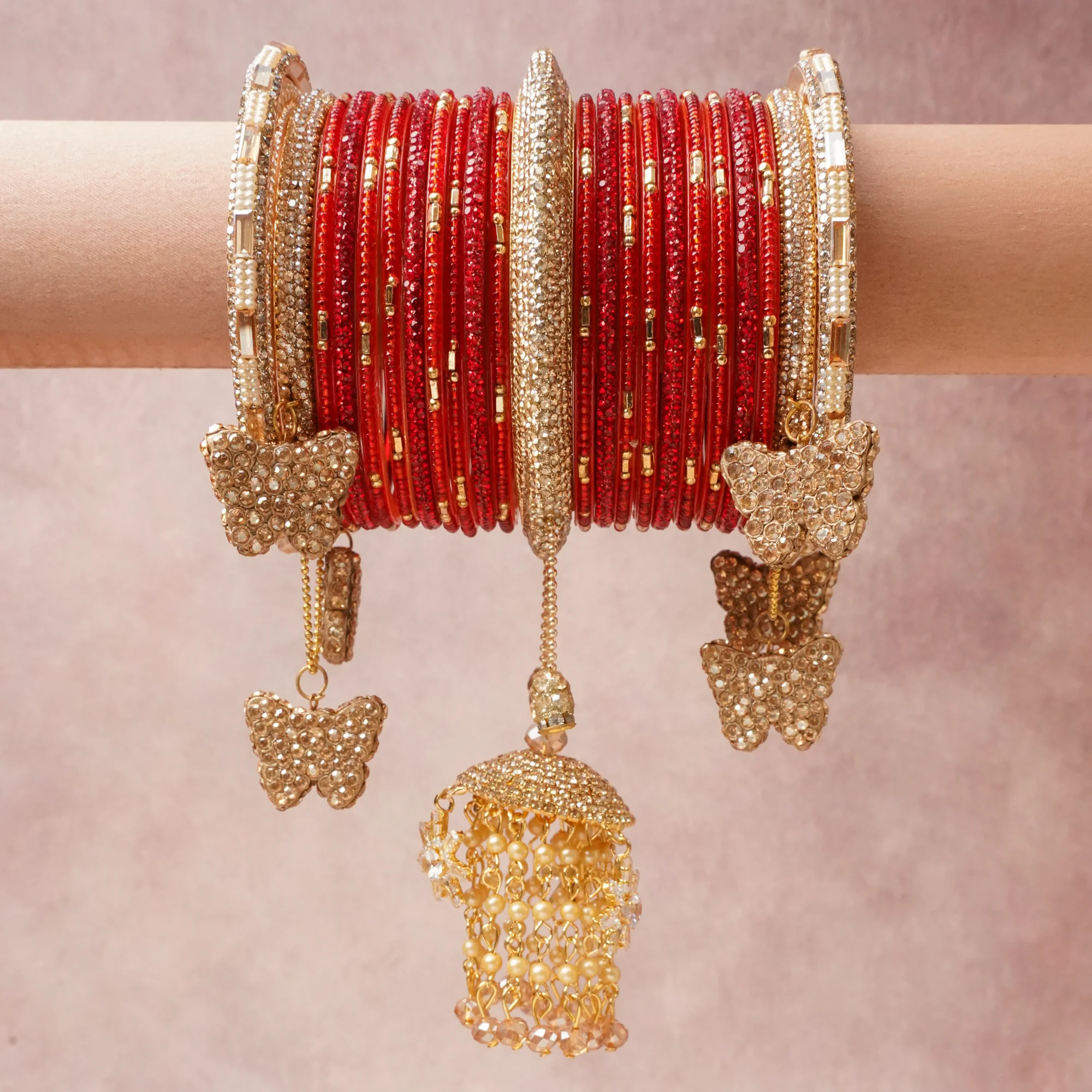 A commanding Ruby Red anchors this beautiful set, enriched with accents of Antique Gold, Clear, Cream Pearl that add depth and dimension.

Featuring a striking composition of Glass, Gold-Plated Base Metal, Rhinestones, Faux Pearls, Cubic Zirconia, this set carries intricate craftsmanship and strong presence. Grand in form, it is created for moments that deserve to be marked.